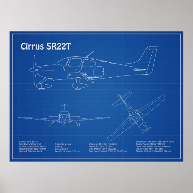 Cirrus SR22T - Aeroplane Blueprint Drawing Plans A Poster (Front)