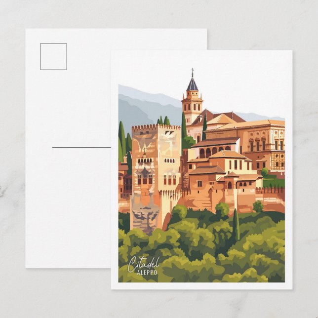 Citadel Aleppo Art Vintage Travel Illustration Postcard (Front/Back)