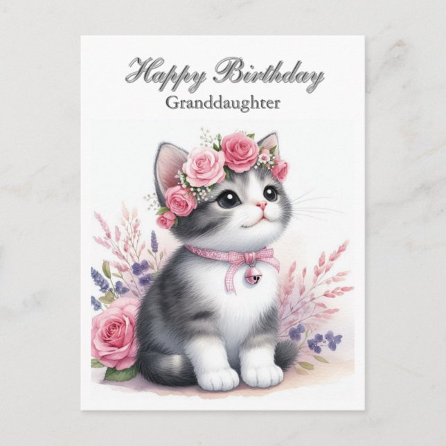 Cite Kitten Pink Roses Granddaughter  Holiday Postcard (Front)