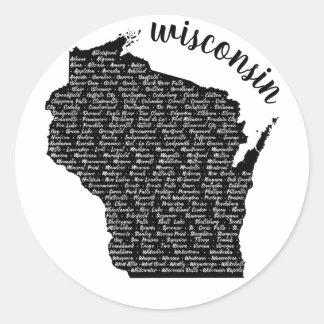 Cities in Wisconsin Black Map Classic Round Sticker