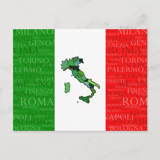 Cities, Map, and Flag of Italy Postcard (Front)