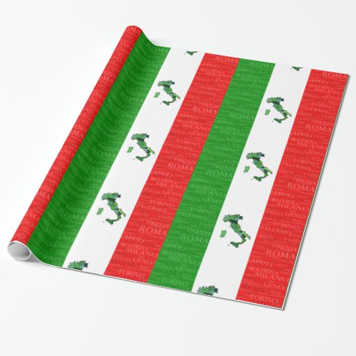 Image of Cities, Map, and Flag of Italy Wrapping Paper