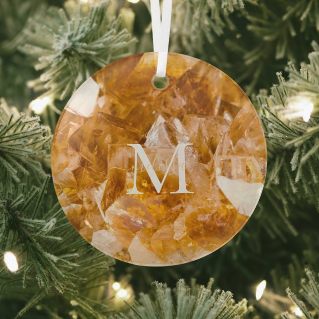 Citrine Birthstone Monogram Personalised Name  Glass Tree Decoration (Insitu)