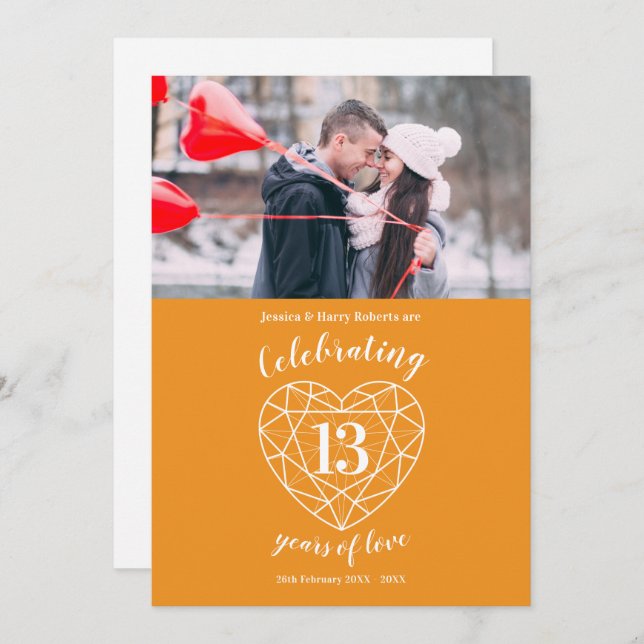 Citrine heart anniversary 13 years photo orange invitation (Front/Back)