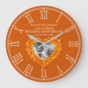 Citrine photo heart 13th wedding anniversary large clock