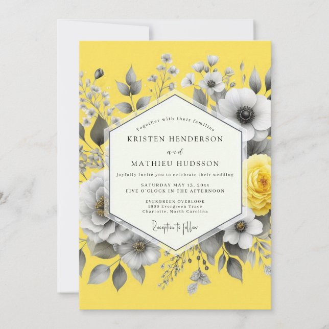 Citron Graphite Flora Wedding Invitation (Front)