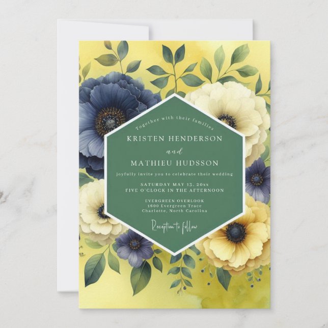 Citron Indigo Bloom Wedding Invitation (Front)