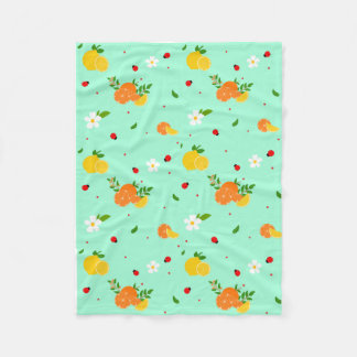 Citrus and Ladybug Botanical Pattern with Flowers Fleece Blanket