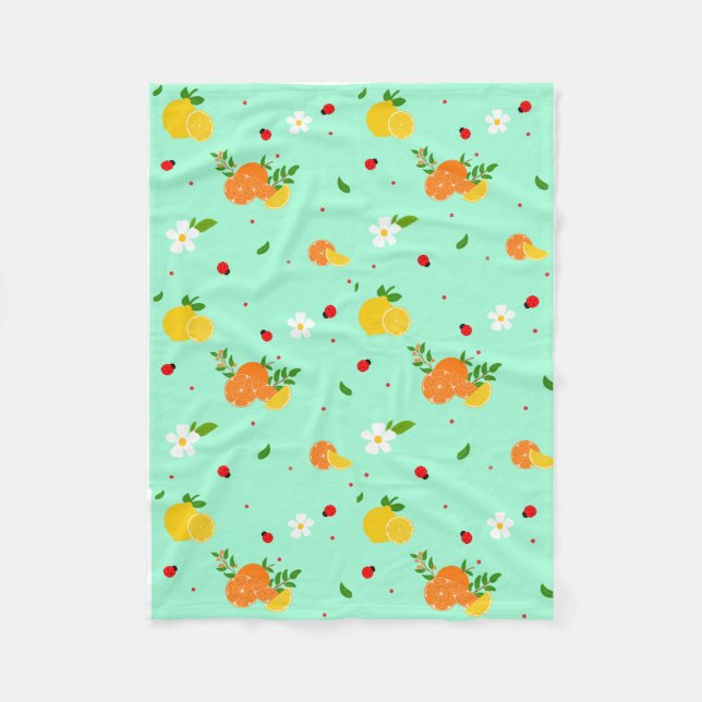 Citrus and Ladybug Botanical Pattern with Flowers  Fleece Blanket (Front)