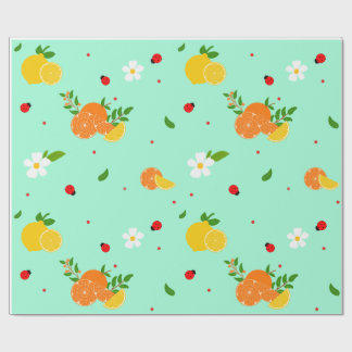 Citrus and Ladybug Botanical Pattern with Flowers Wrapping Paper