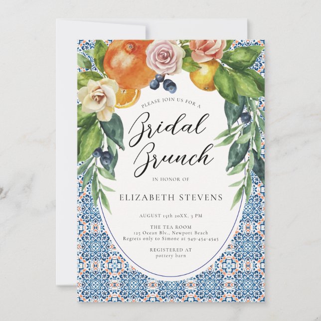 Citrus Arch Italian Blue Tile Modern Bridal Shower Invitation (Front)