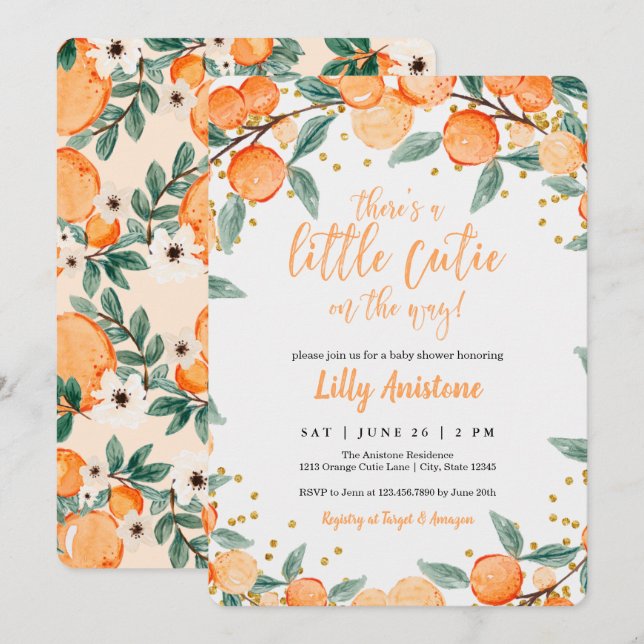 Citrus Baby Shower Botanical Orange Little Cutie Invitation (Front/Back)