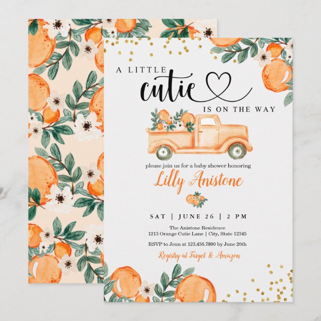 Citrus Baby Shower Botanical Orange Little Cutie Invitation (Front/Back)