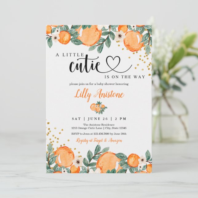 Citrus Baby Shower Botanical Orange Little Cutie Invitation (Standing Front)