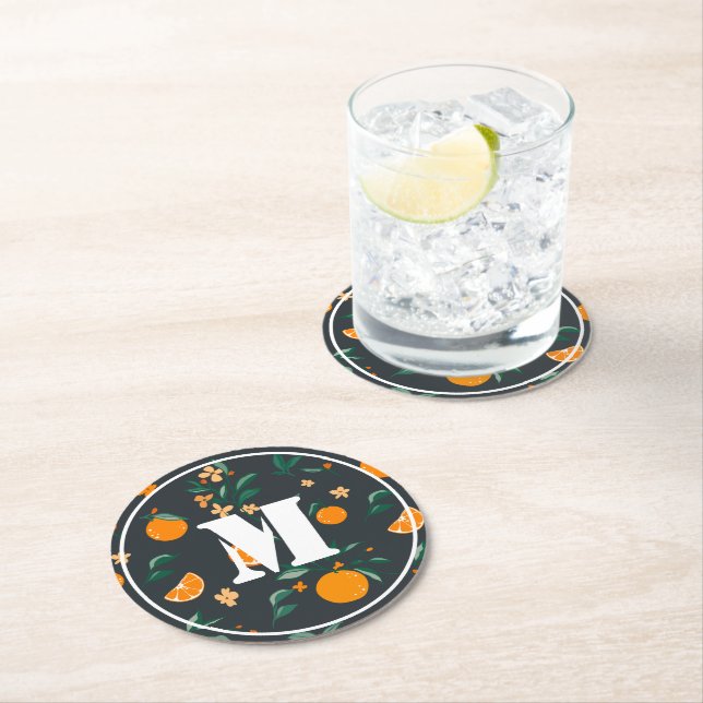 Citrus Bloom Oranges & Foliage Bontanical Round Paper Coaster (Insitu)