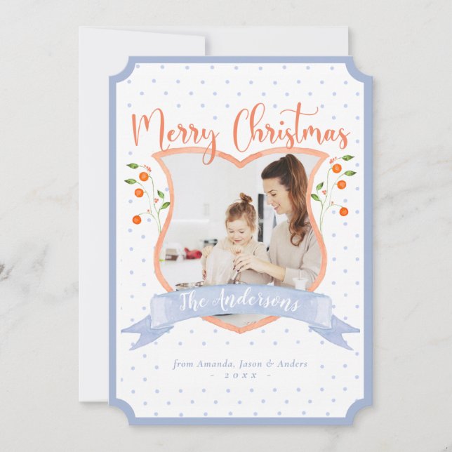 Citrus Blue Chinoiserie Crest One Photo Christmas  Holiday Card (Front)