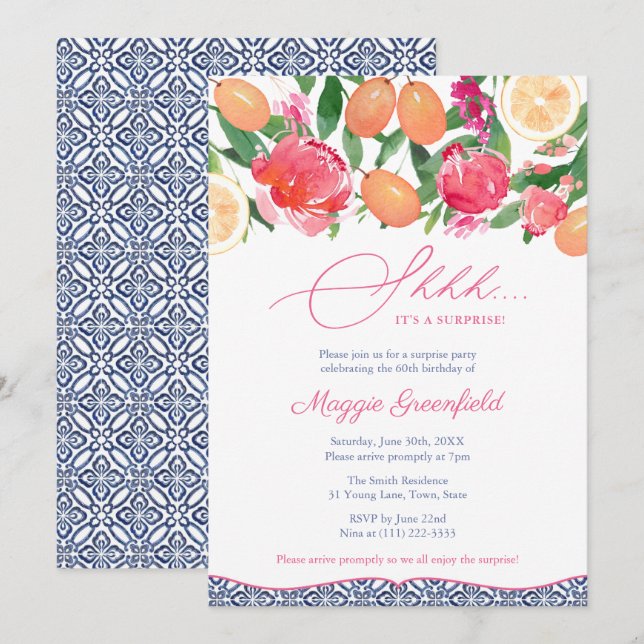 Citrus Blue Tiles Lady's Surprise Birthday Party Invitation (Front/Back)