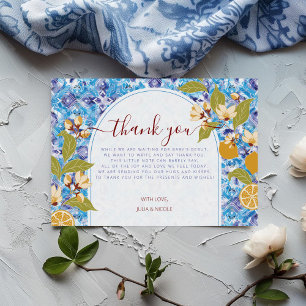 Citrus Blue Yellow Lemon Amalfi Coast Baby Shower Thank You Card