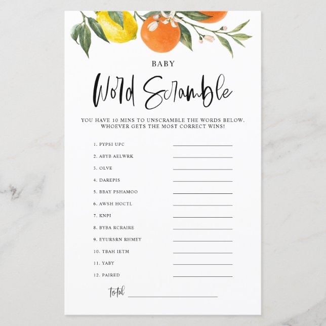 Citrus Botanical Baby Shower Word Scramble Game (Front)