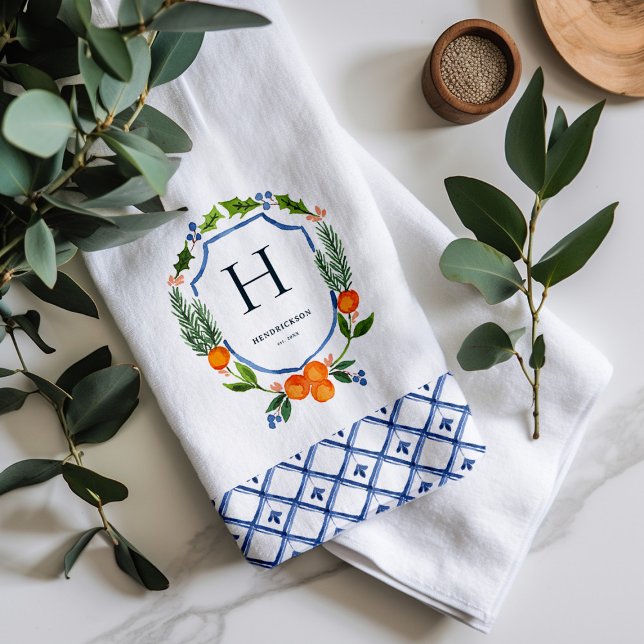 Citrus Botanical Christmas | Family Name Monogram Tea Towel (Creator Uploaded)