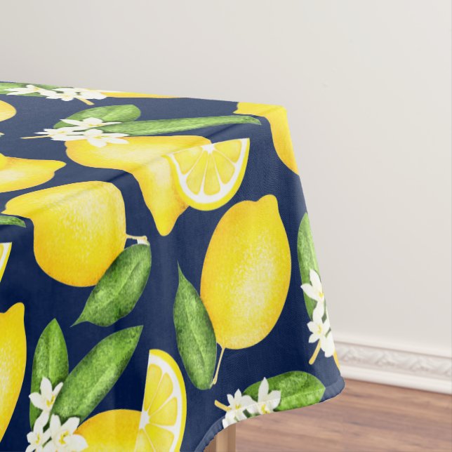 Citrus Botanical Lemon Navy Blue Tablecloth (In Situ)