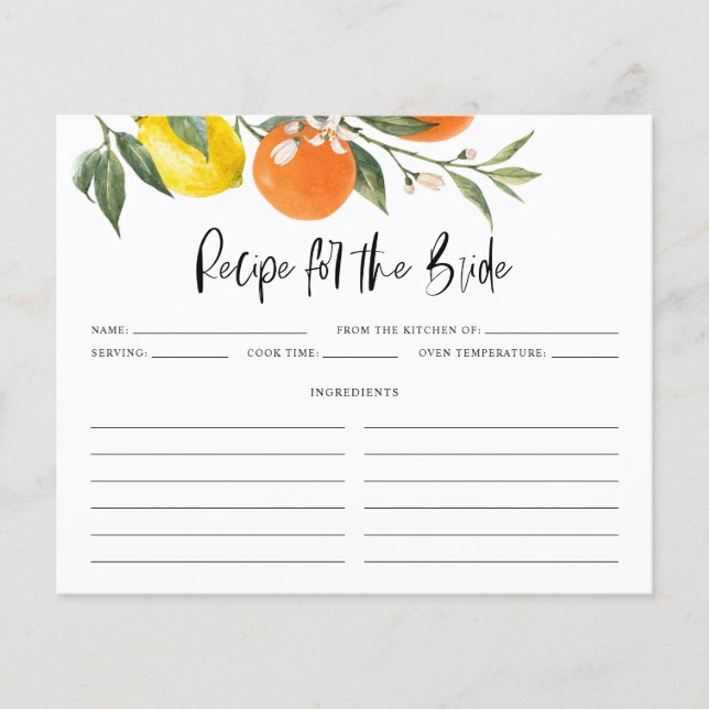 Citrus Botanical Summer Bridal Shower Recipe Card (Front)
