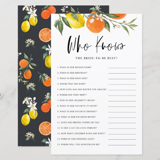 Citrus Botanical Who Knows the Bride Best Game (Front/Back)