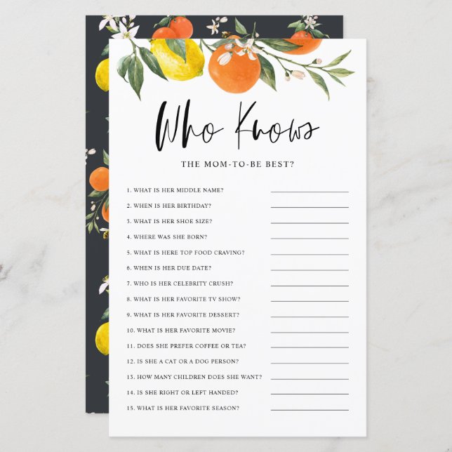 Citrus Botanical Who Knows the Mum Best Game (Front/Back)