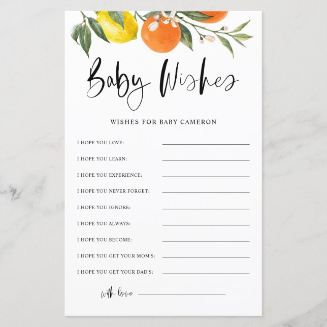 Citrus Botanical Wishes for Baby Baby Shower Card (Front)
