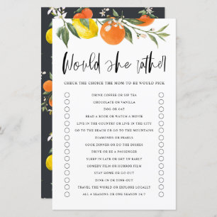 Citrus Botanical Would She Rather Baby Shower Game
