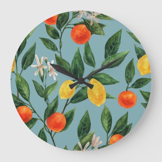 Citrus Branches: Watercolor Ornamental Pattern Large Clock (Front)