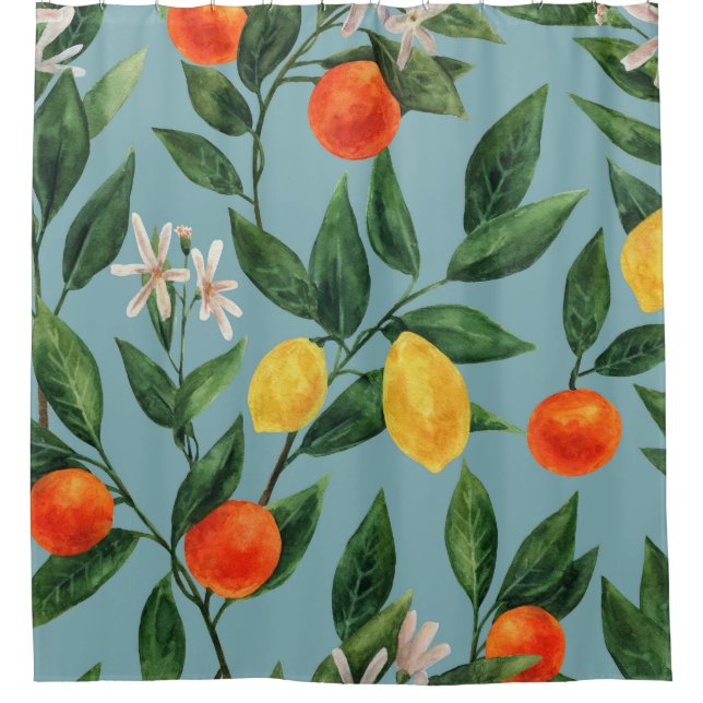 Citrus Branches: Watercolor Ornamental Pattern Shower Curtain (Front)
