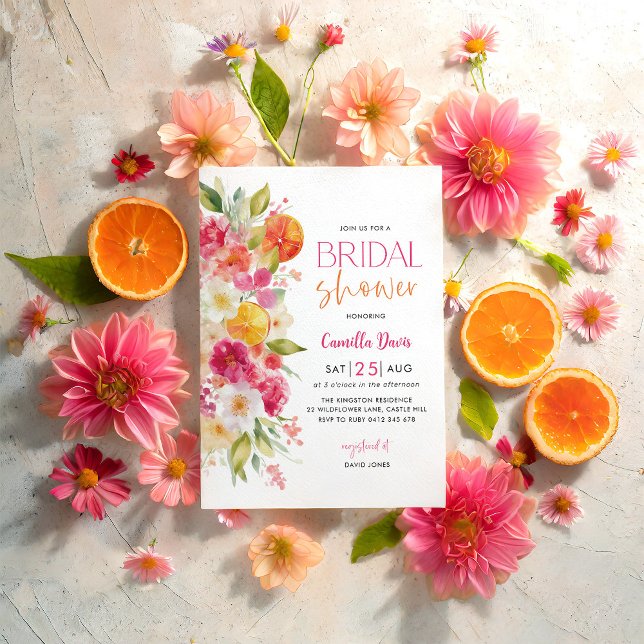 Citrus Bridal Shower, Bright Floral Mediterranean Invitation (Bright Floral Bridal Shower Invitation with citrus orange graphics. Mediterranean themed Bridal )