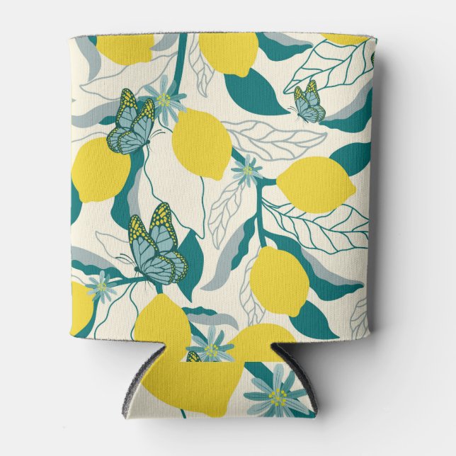 Citrus, butterfly, tropical summer pattern. can cooler (Front)