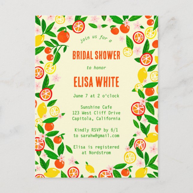 Citrus Celebration CUSTOM Summer BRIDAL SHOWER Invitation Postcard (Front)
