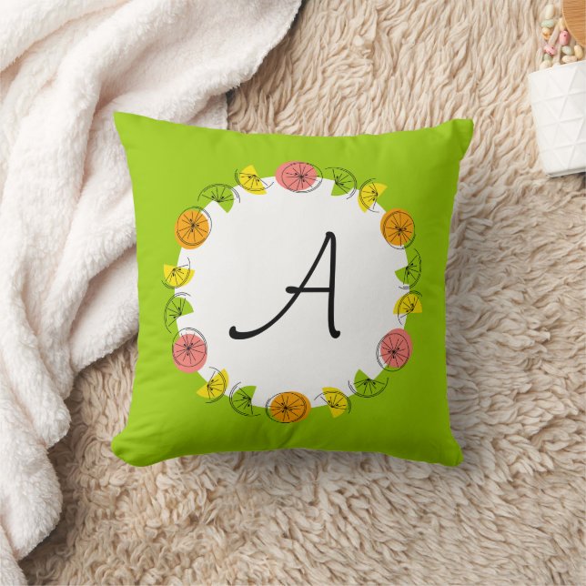 Citrus Circle Green Monogram square Throw Pillow (Blanket)