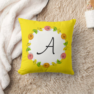Citrus Circle Yellow Monogram square Throw Pillow