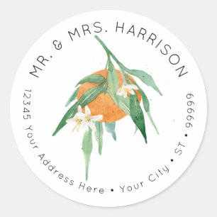 Citrus Cutie Orange Floral Greenery Address Classic Round Sticker