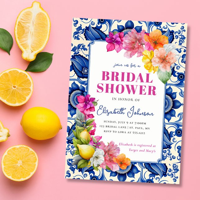 Citrus Floral Blue Tile Bridal Shower Invitation (Citrus Floral Blue Tile Bridal Shower Invitation)