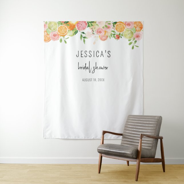 Citrus Floral Bridal Shower Backdrop Photo booth Tapestry (In Situ)