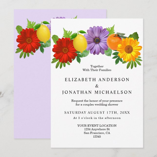 Citrus Floral Garden Wedding Couples Shower Invitation (Front/Back)