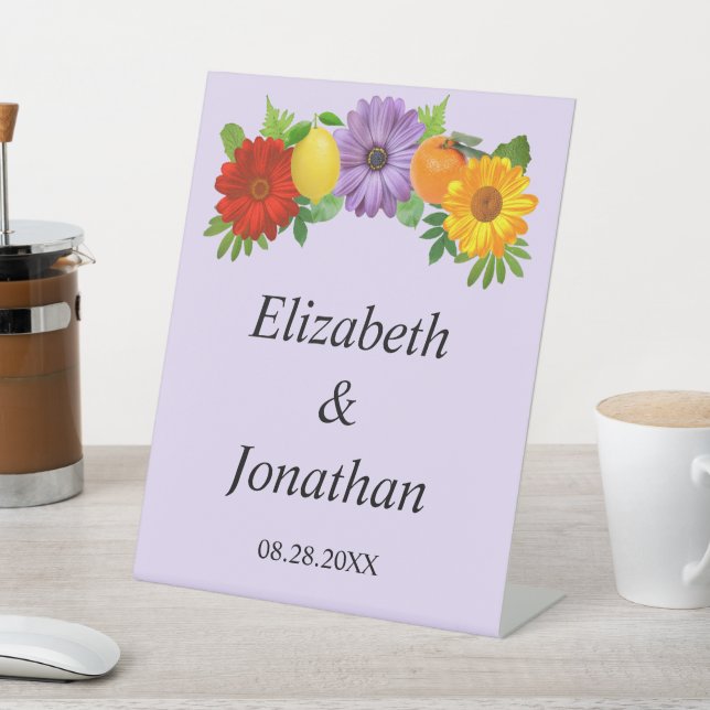 Citrus Floral Garden Wedding Pedestal Sign (In SItu)