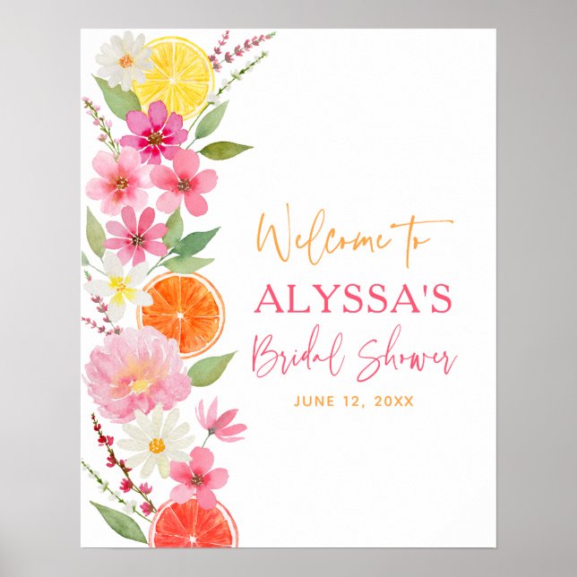 Citrus Floral Lemon Orange Bridal Shower Welcome Poster (Front)