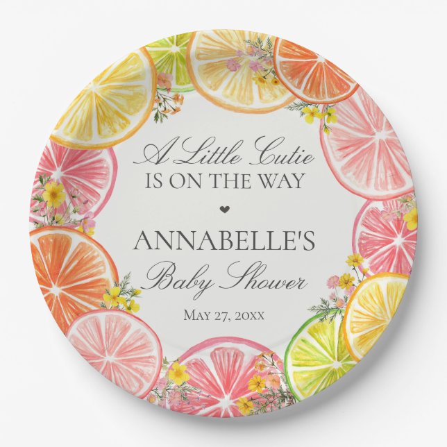 Citrus Floral Little Cutie Baby Shower Table Paper Plate (Front)