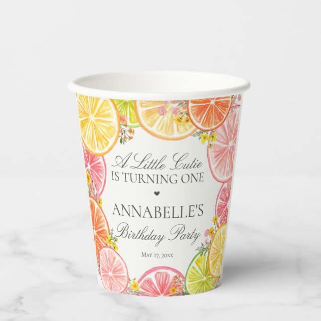 Citrus Floral Little Cutie Birthday Party Paper Cups (Front)