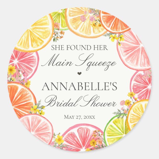 Citrus Floral Main Squeeze Bridal Shower Favours Classic Round Sticker (Front)