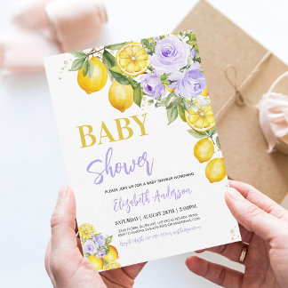 Citrus Floral Purple Lemon Baby Shower Invitation
