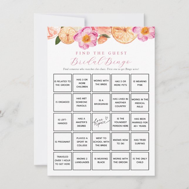 Citrus Flowers Find Guest Bridal Bingo Game Card (Front)