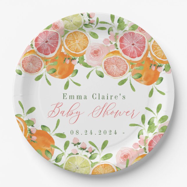 Citrus Fruit & Flowers Baby Shower Paper Plate (Front)