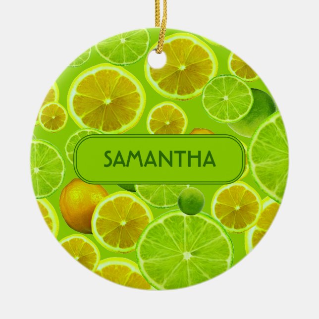 Citrus Fruit, Lemon & Lime Pattern - Personalised Ceramic Tree Decoration (Front)